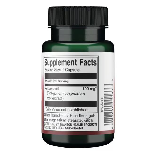 Dos d'un flacon vert, bouchon noir. Inscription: Supplement Facts. Resvératrol 100 mg.