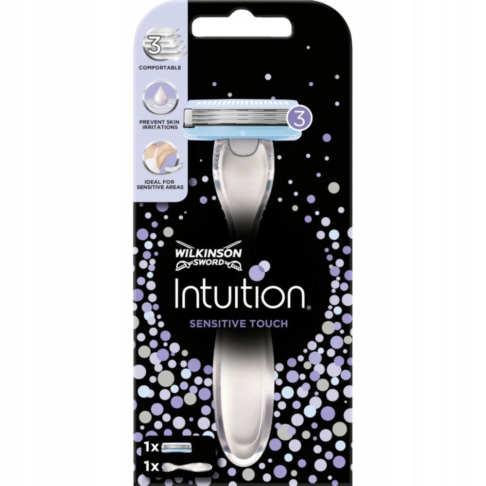 Verpakking van de Wilkinson Sword Intuition Sensitive Touch dames scheermes. Bevat scheermes en mesje. Tekst: Intuition Sensitive Touch.