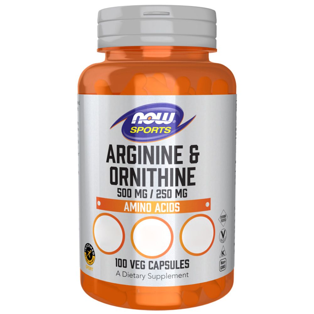 Flacon orange avec bouchon blanc. Inscription : NOW SPORTS, Arginine & Ornithine, 500 mg / 250 mg, Acides aminés, 100 gélules végétales.