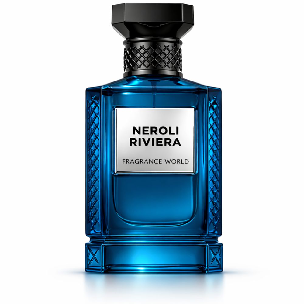 Flacon de parfum bleu avec inscription : Neroli Riviera, Fragrance World. Forme carrée, bouchon noir.