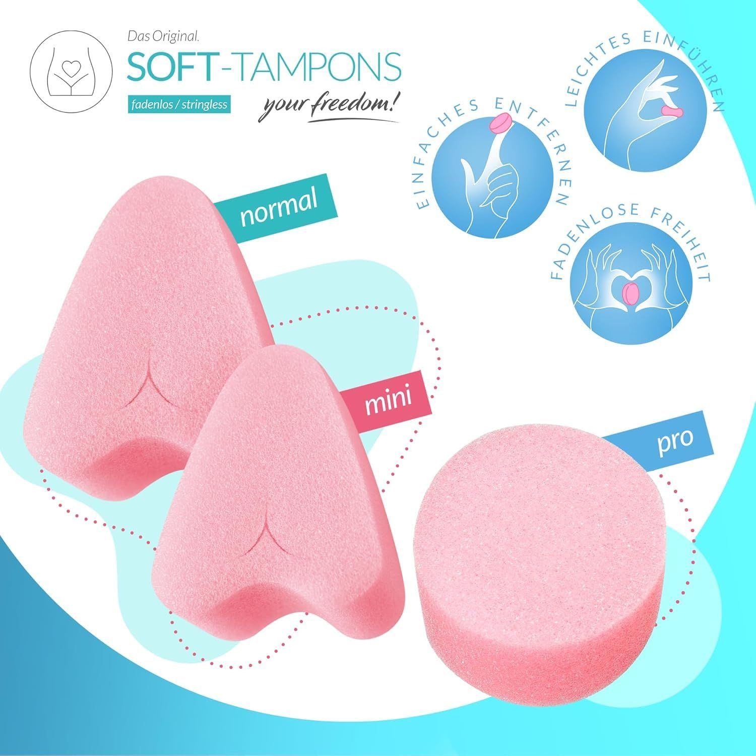 Trois tampons roses en forme de cœur, de cône et de disque. Le tampon "Mini" est conique.