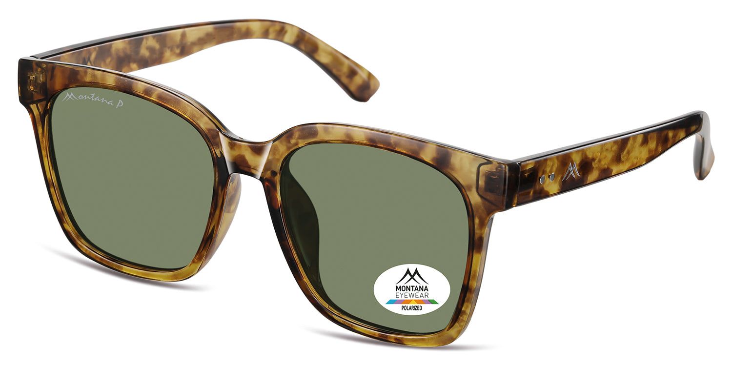 Lunettes de soleil marron et verres verts. Logo Montana Eyewear sur la branche et la lentille. Polarisées.