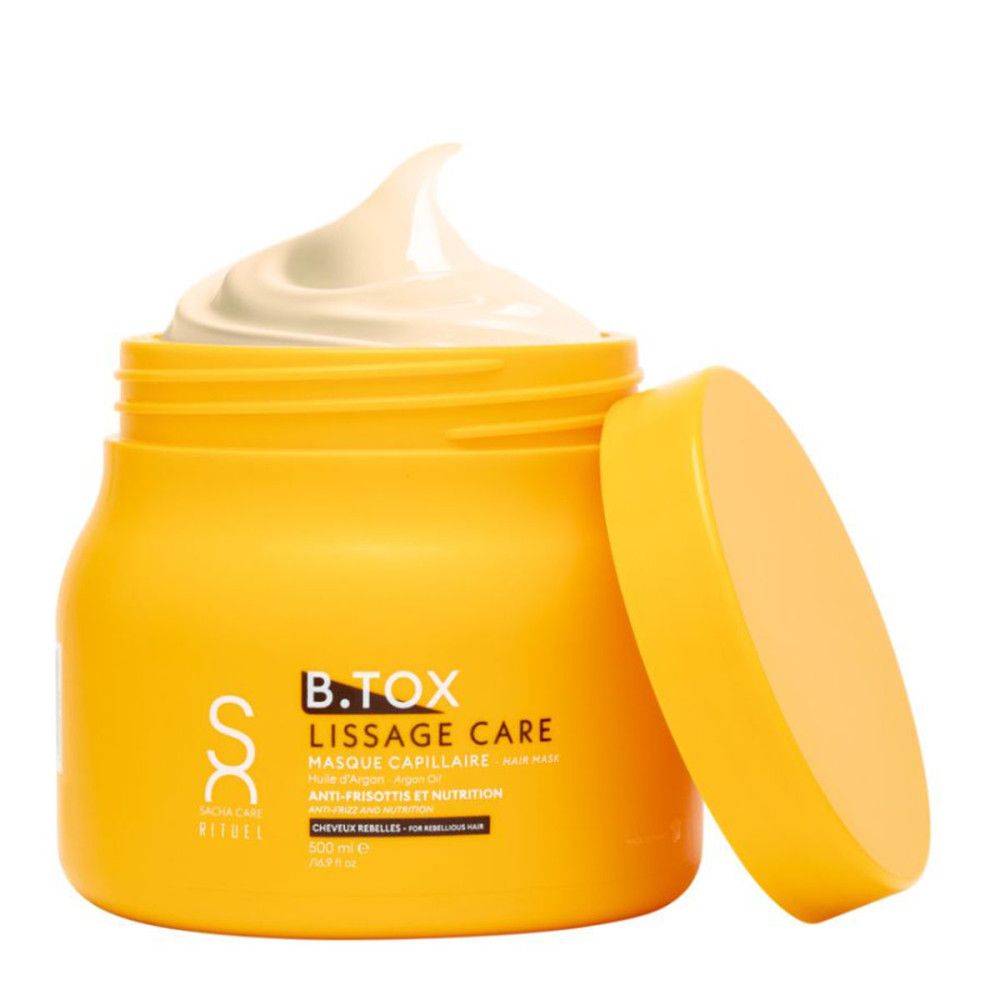 Pot jaune avec crème blanche. Inscription: B.TOX LISSAGE CARE, Masque Capillaire. Couvercle à côté.
