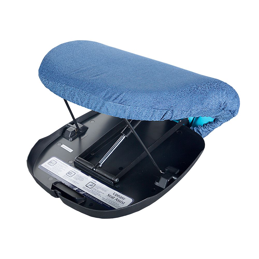 Blauwe stoelbekleding op zwarte ondergrond. Metalen mechanisme zichtbaar. Opschrift: 'UpEasy Seat Assist'.