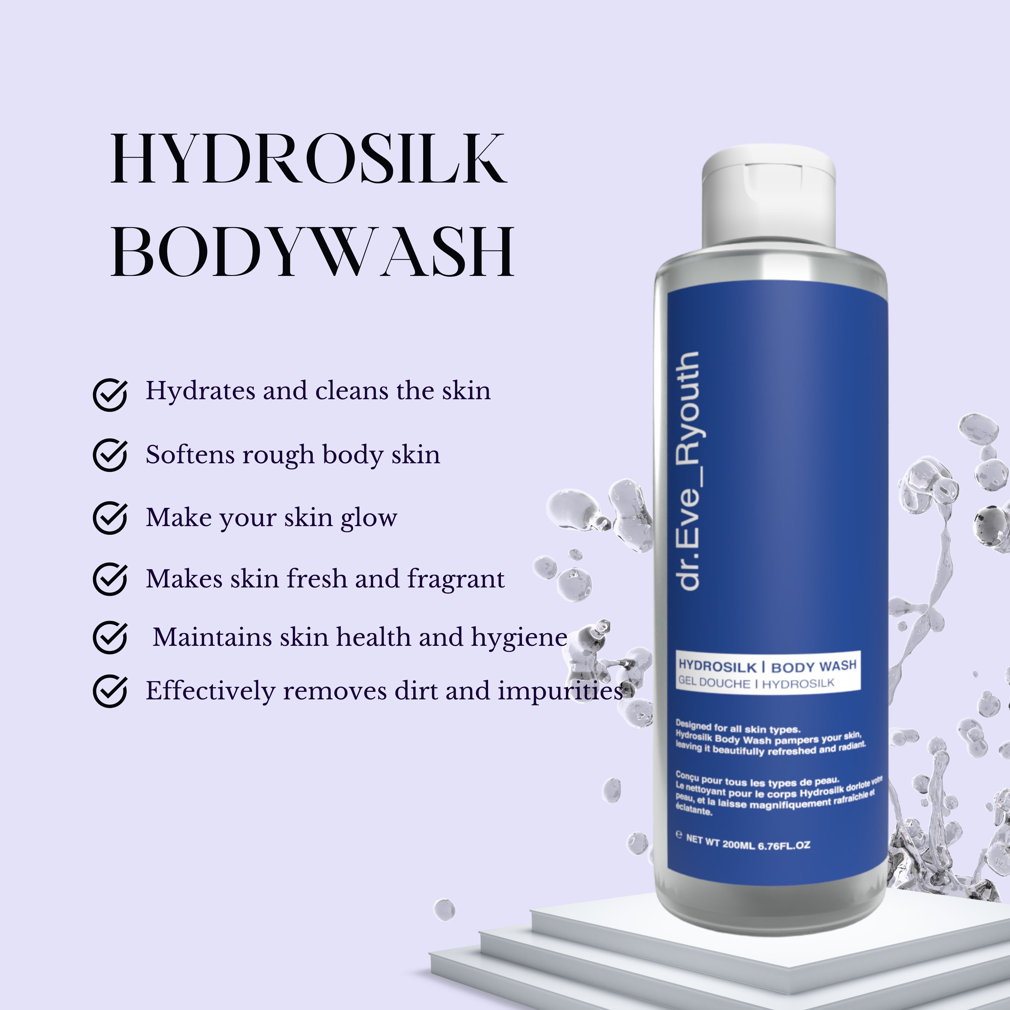 Productfles met blauw etiket. Opschrift: Hydrosilk Bodywash, dr.Eve_Ryouth. Tekst met voordelen. Op wit voetstuk, paarse achtergrond.