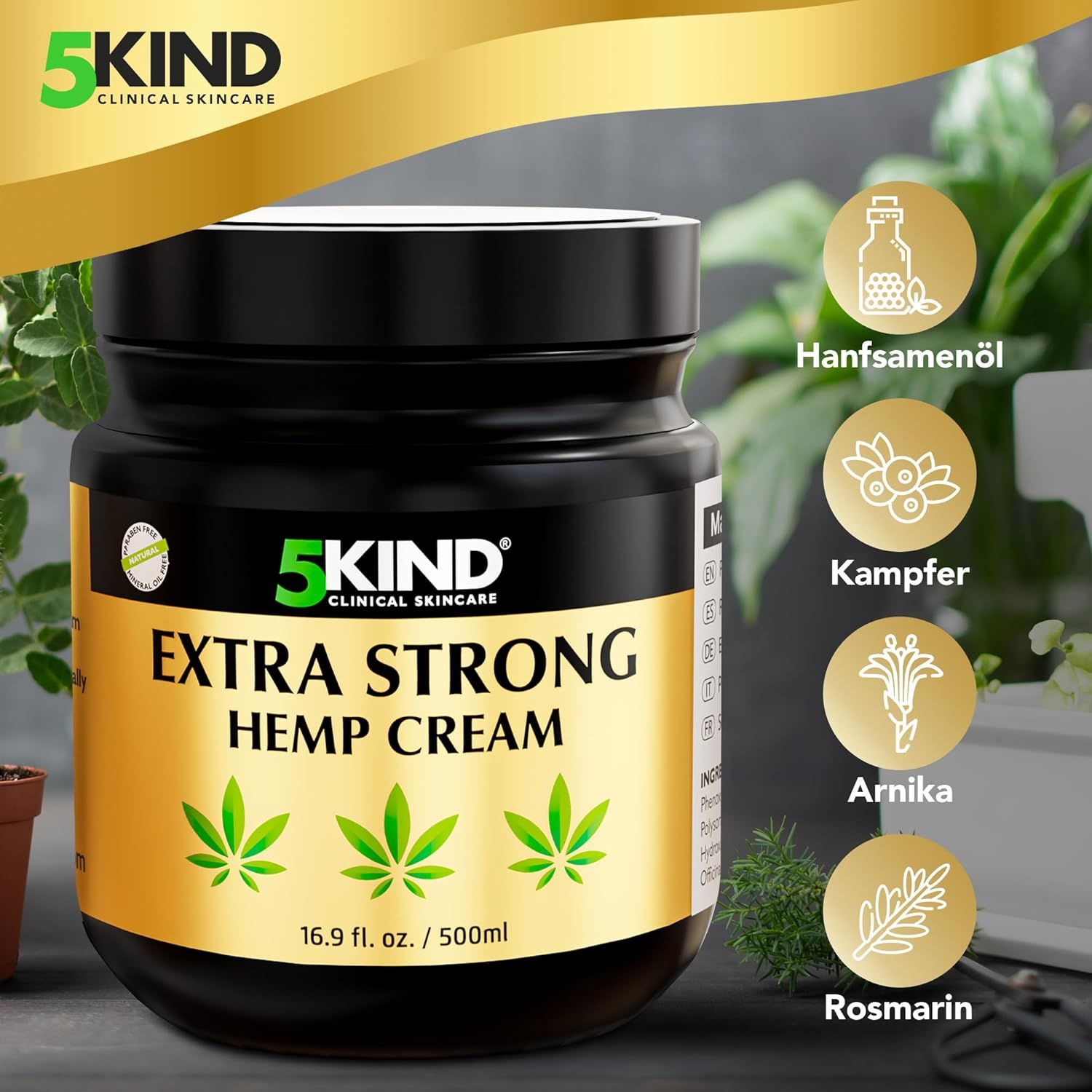 5Kind Extra Strong hennepcrème pot met symbolen voor hennepzaadolie, kamfer, arnica en rozemarijn.