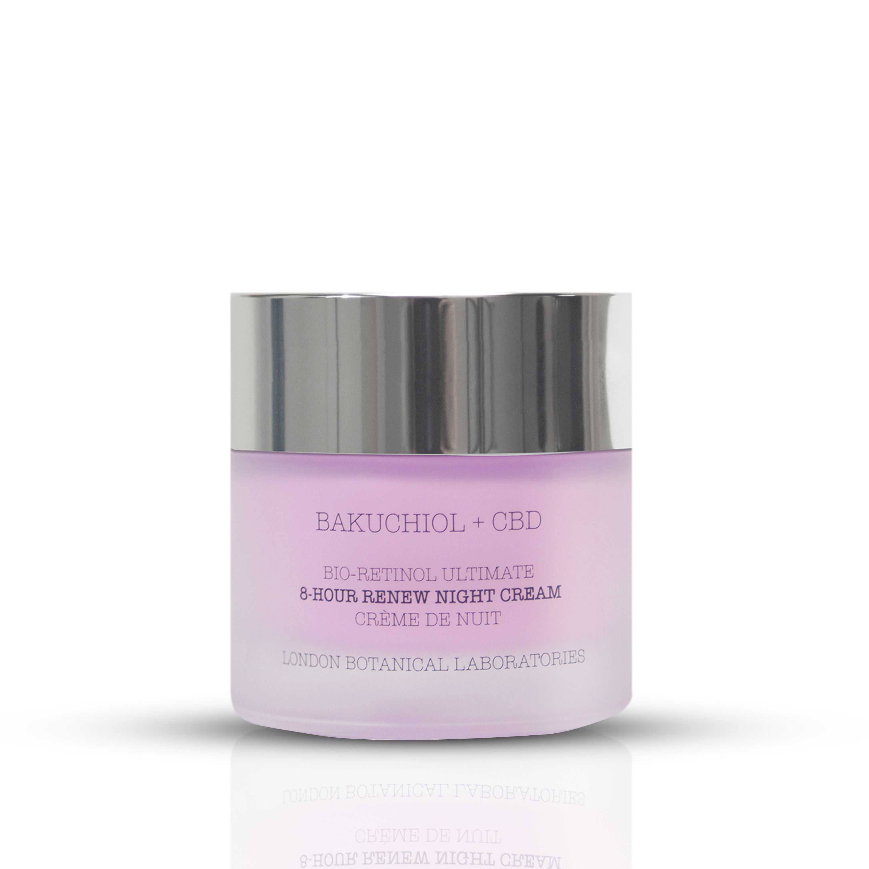 Crèmetiegel met zilveren deksel. Opschrift: Bakuchiol + CBD, Bio-Retinol Ultimate 8-Hour Renew Night Cream, Crème de Nuit. London Botanical Laboratories.