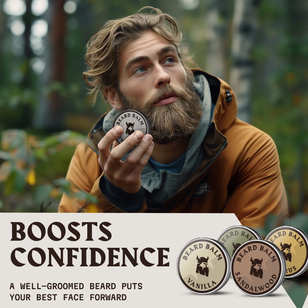 Homme en extérieur tenant une boîte de baume à barbe Striking Viking. Quatre boîtes sont présentées en bas.