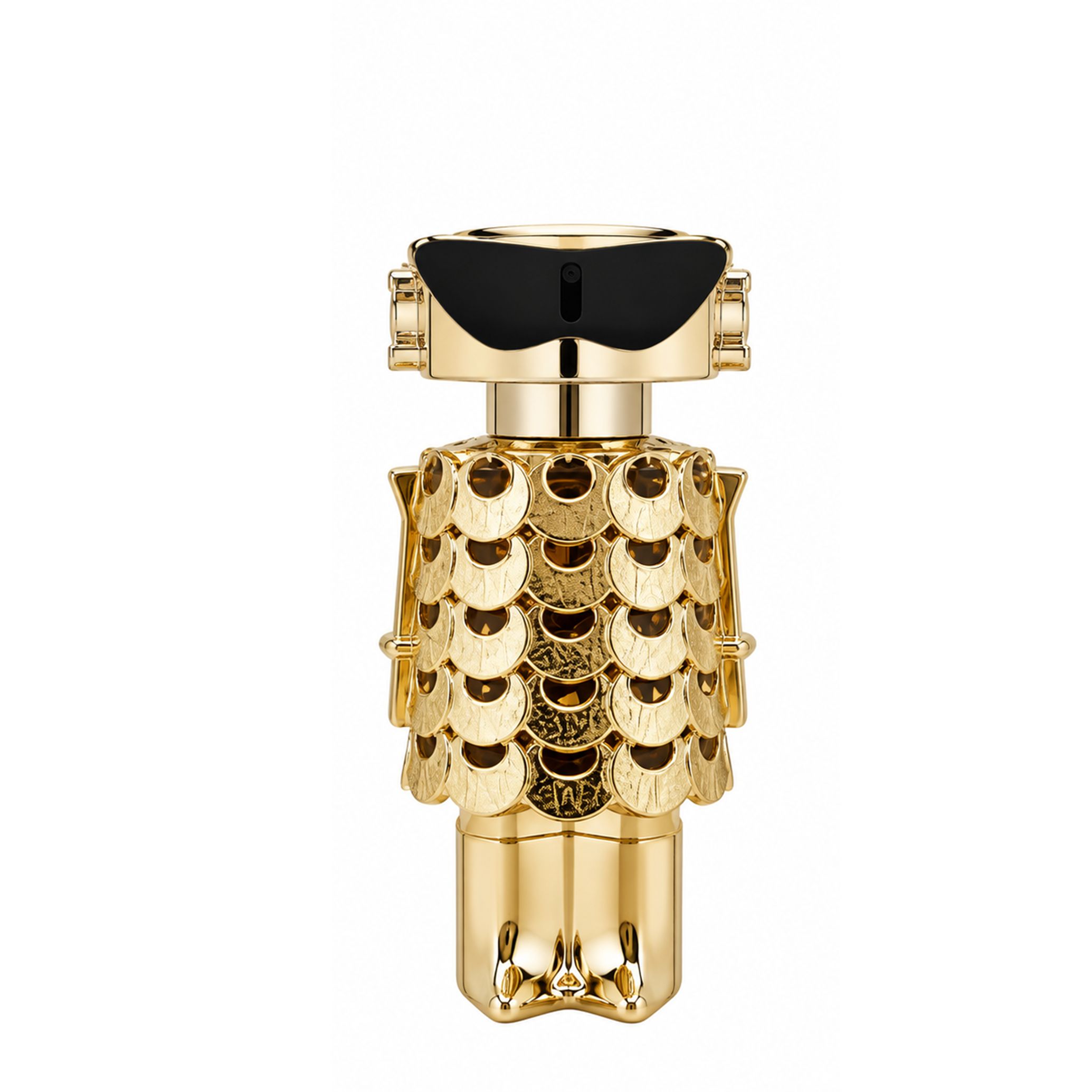 Gouden robot parfumfles met zonnebril en schubbenpatroon, op witte achtergrond.