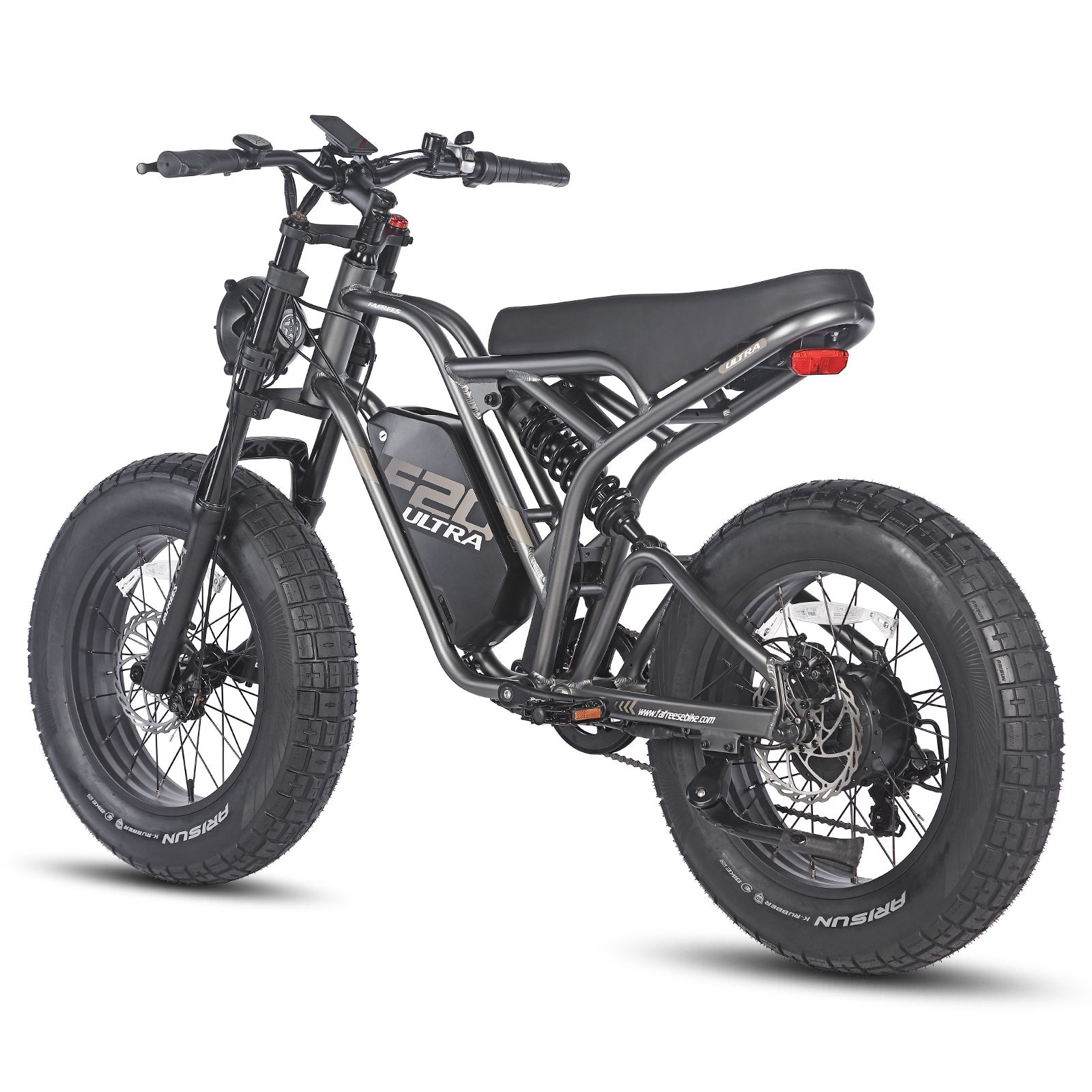 Grijze e-dirtbike met zwarte banden. Zichtbaar: zadel, motor, koplamp, F20 Ultra-logo.