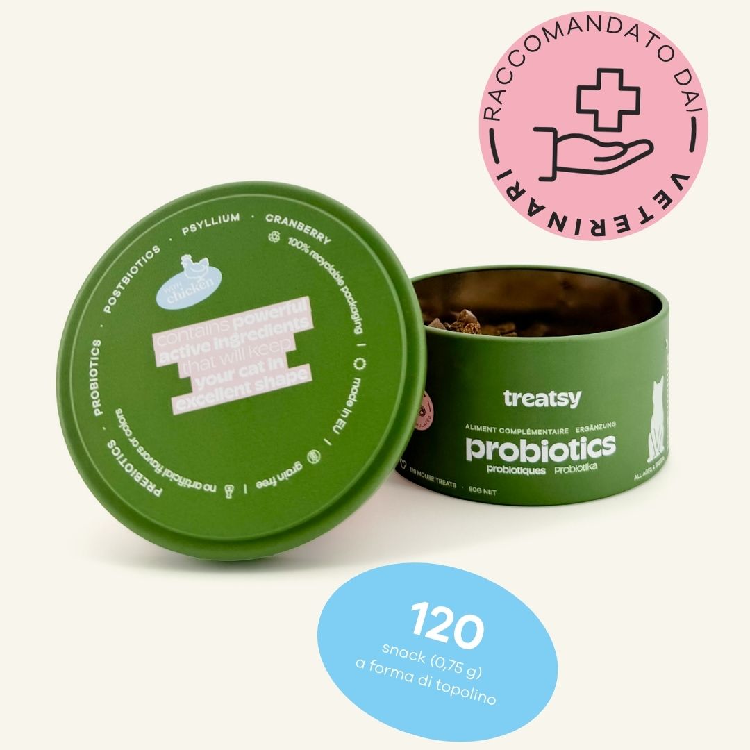 Boîte verte « Treatsy Probiotics » pour chats. Autocollants avec texte et logo.
