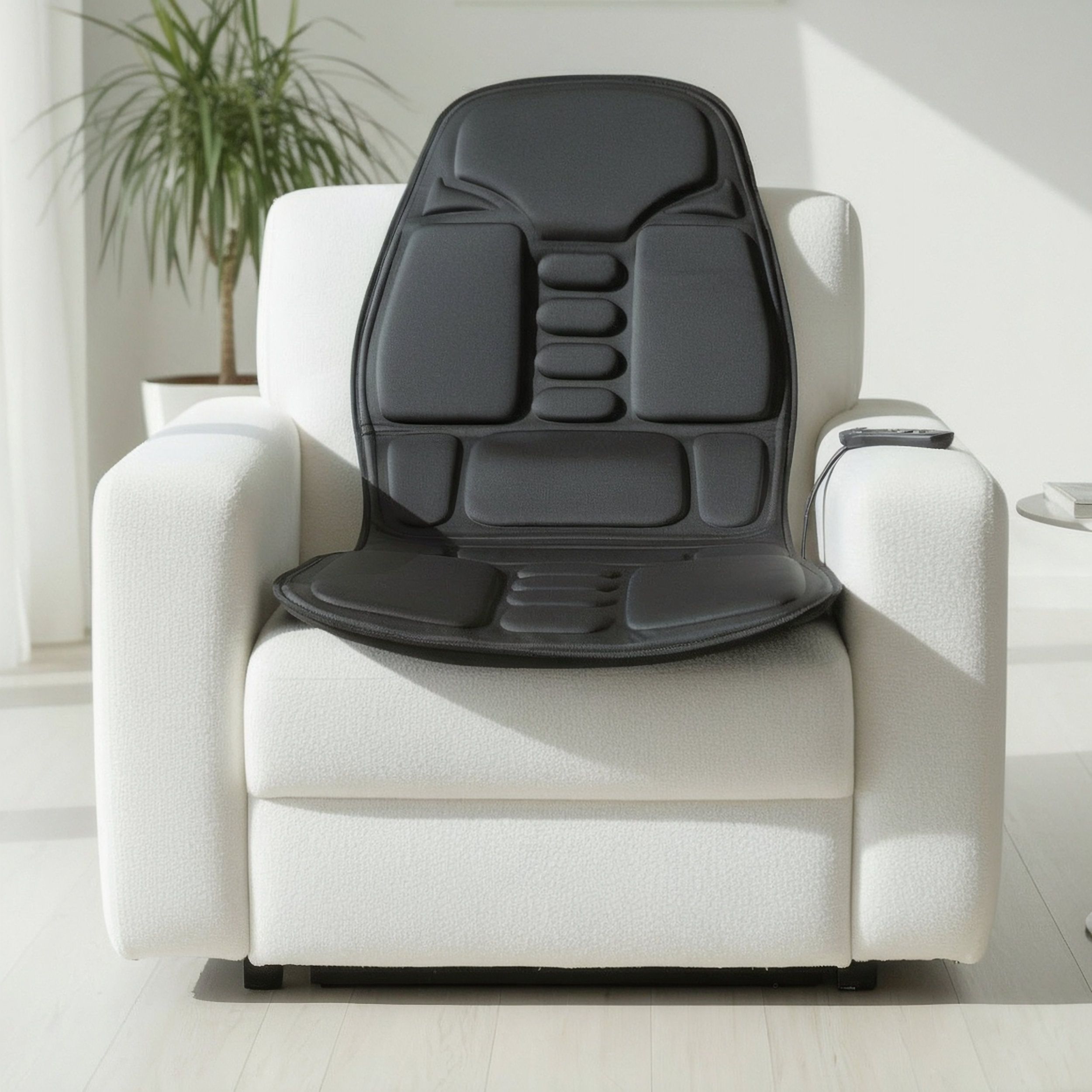 Siège de massage noir sur fauteuil blanc. Forme rectangulaire avec plusieurs zones rembourrées. Télécommande.