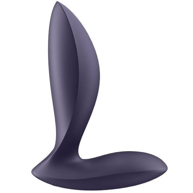 Vibrateur anal violet foncé vu de côté, de forme incurvée avec une base large.