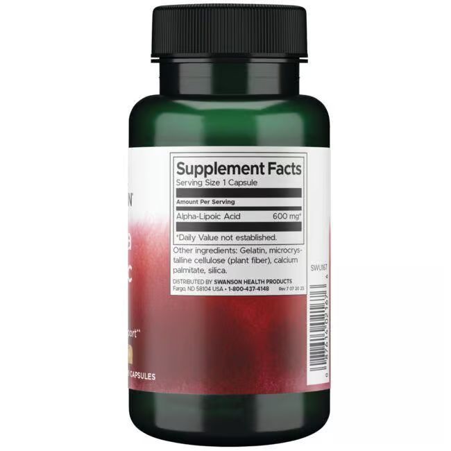 Dos de la bouteille verte. Étiquette avec informations nutritionnelles: Alpha-Liponsäure 600 mg. Autres ingrédients.