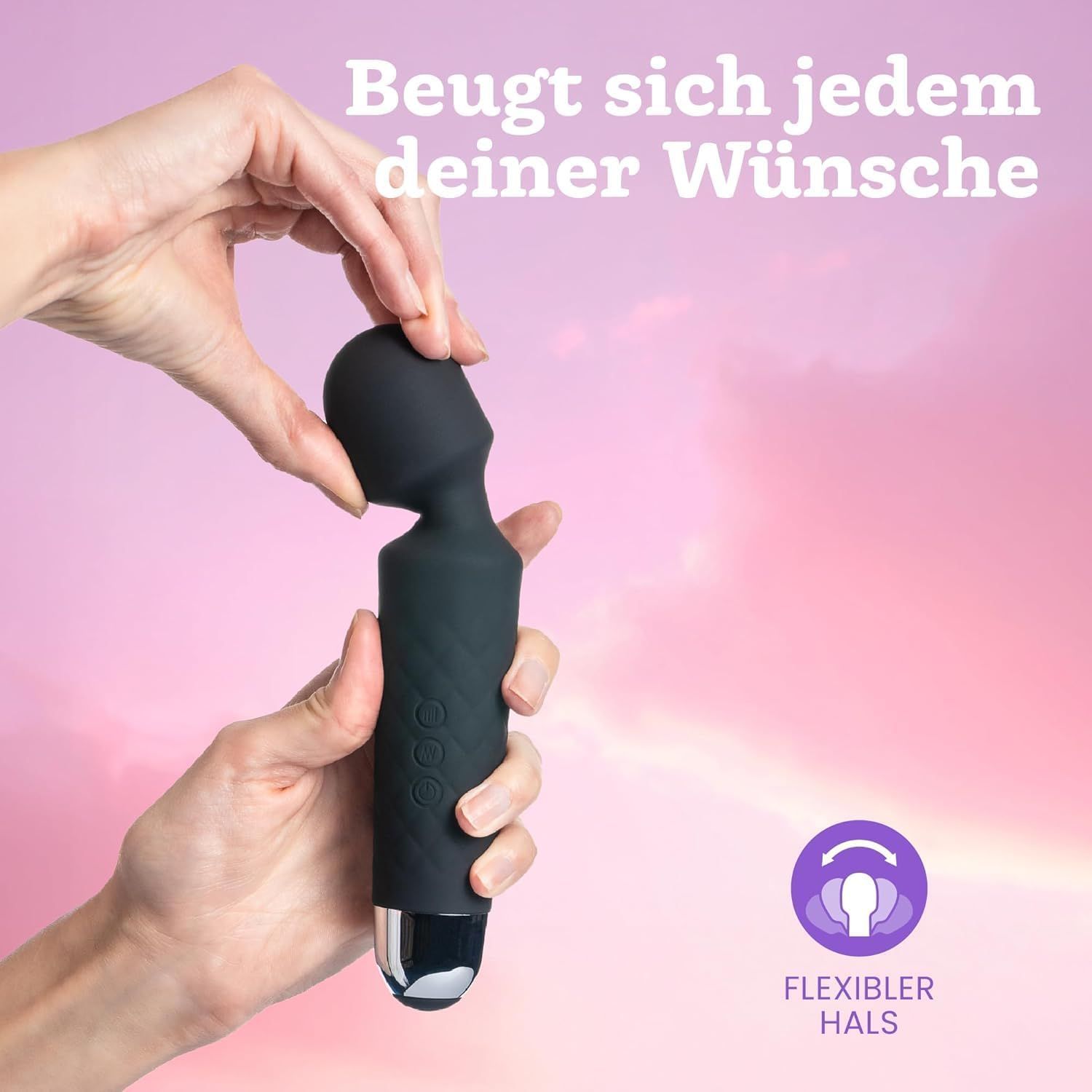 Zwarte vibrator met flexibele hals, vastgehouden door handen. Handvat met ruitpatroon.