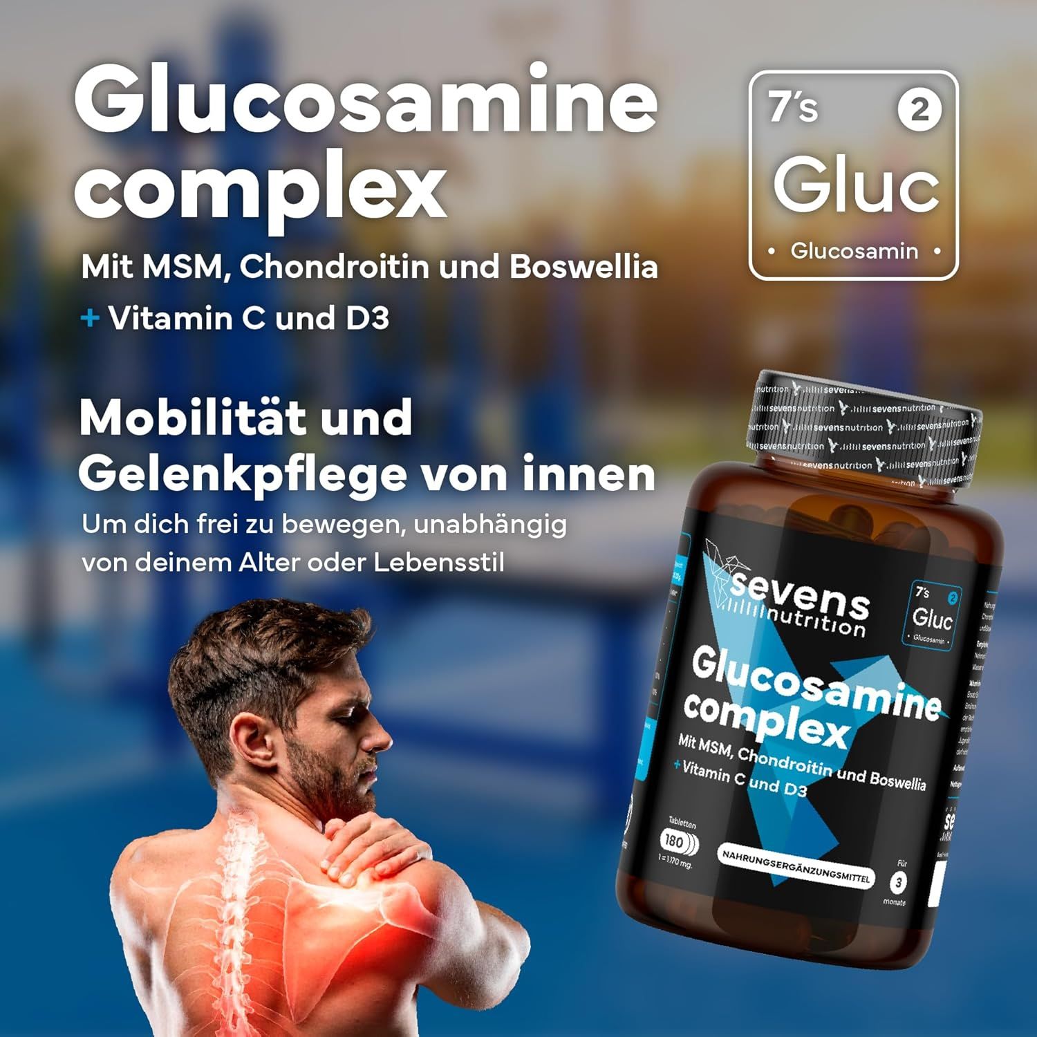 Bocal SEVENS NUTRITION Glucosamine Complex avec texte sur les soins articulaires et un homme souffrant de maux de dos.