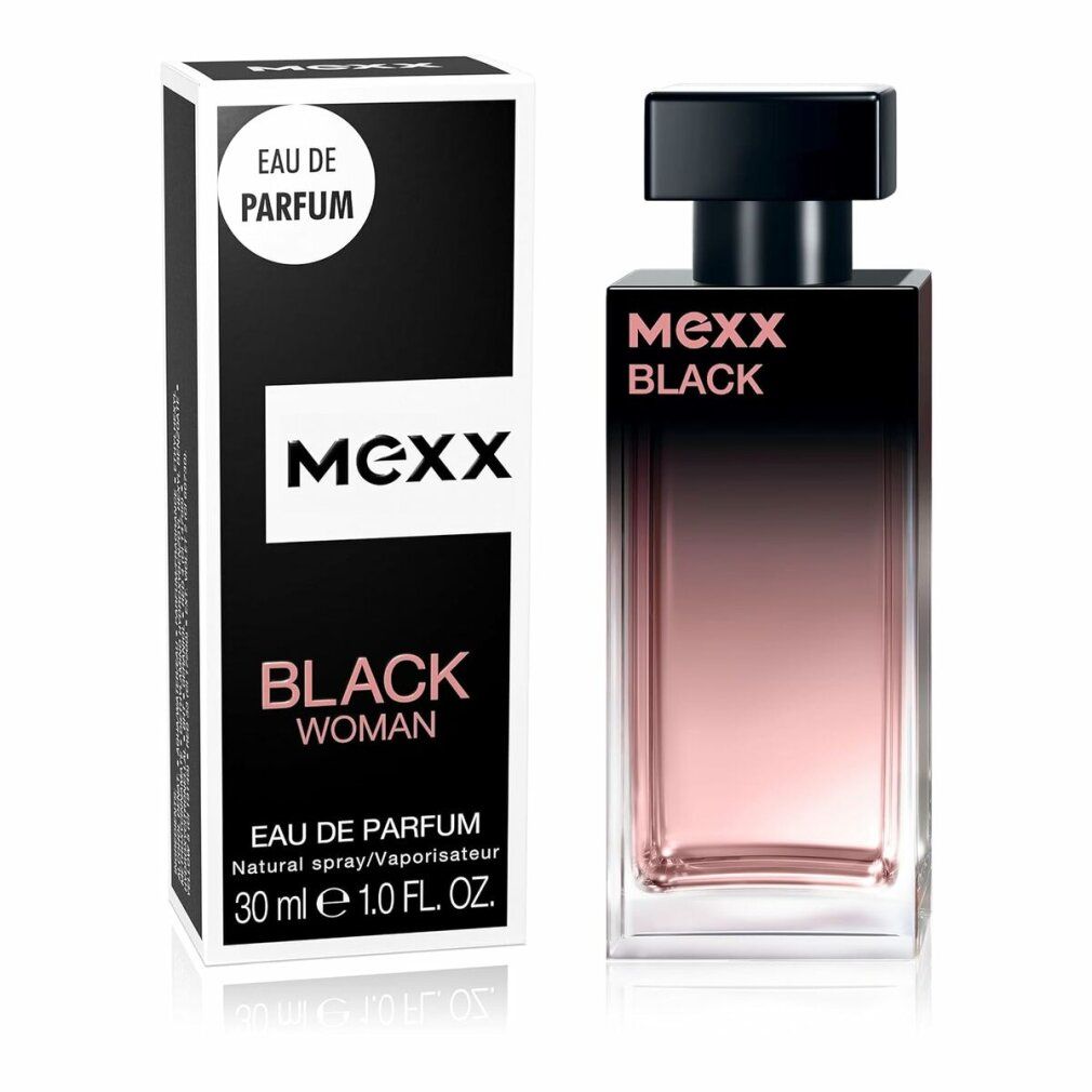 Flacon noir avec bouchon noir et emballage. Inscription : Mexx Black Woman Eau de Parfum. 30 ml.