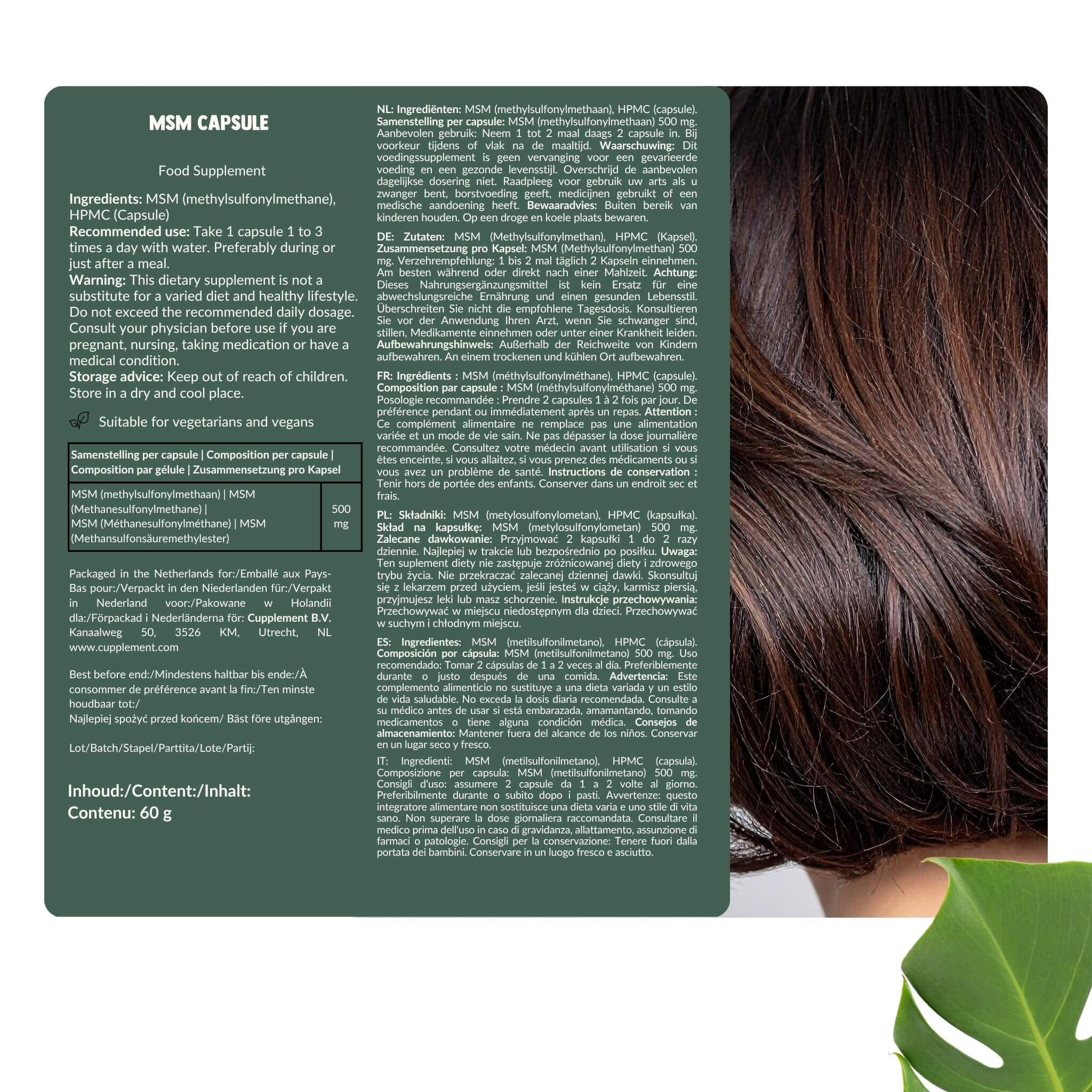 Achterkant van de verpakking met informatie over MSM-capsules. Tekst in meerdere talen.