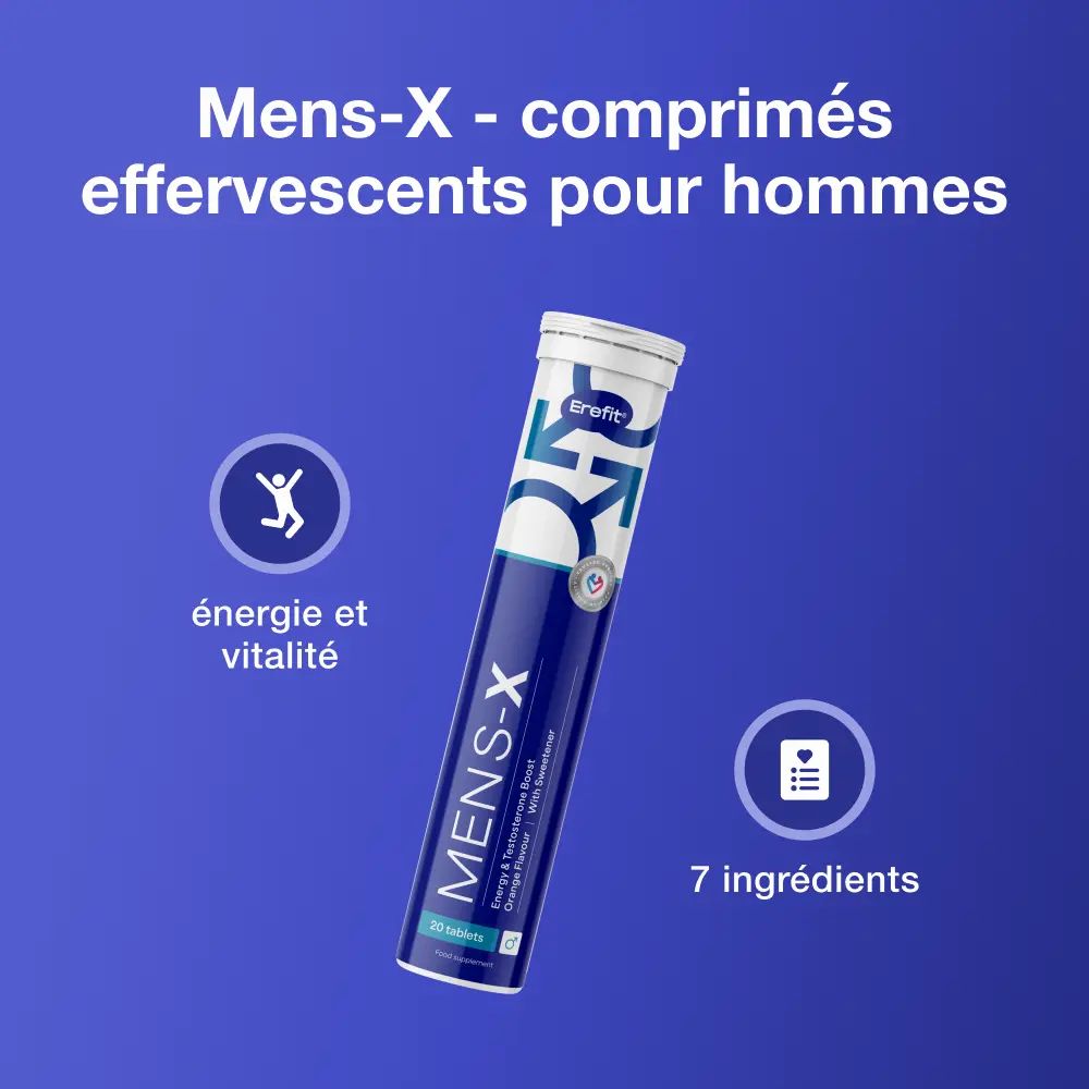 Tube MENS-X. Symboles: Énergie, 7 ingrédients. Texte: Comprimés effervescents pour hommes. Marque: Erefit.