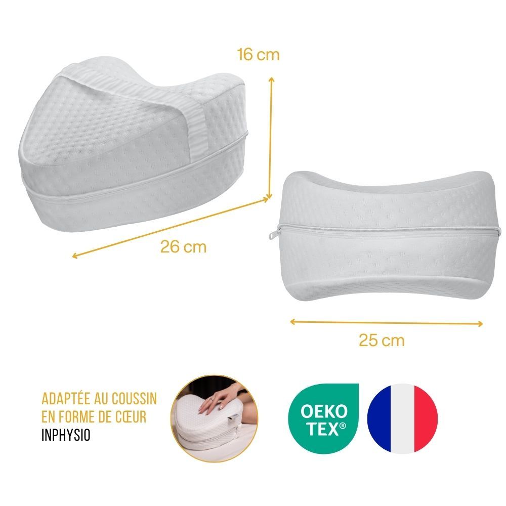 Housse blanche pour coussin ergonomique en forme de cœur. Dimensions : 26x16 cm, 25 cm. Certification Oeko-Tex. Drapeau français.
