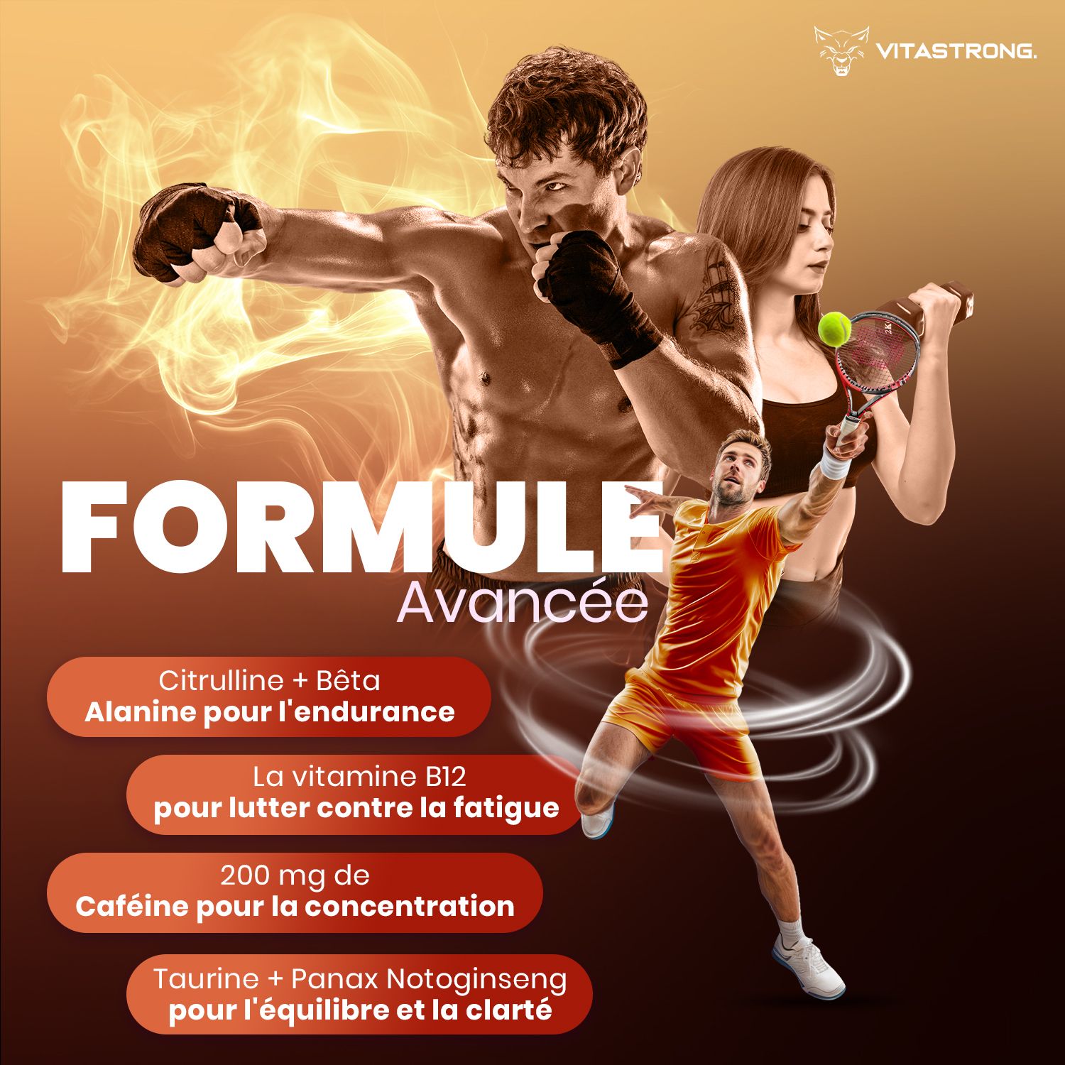 Reclamebeeld met atleten. Tekst: Geavanceerde formule. Ingrediënten: Citrulline, Beta Alanine, Vitamine B12, Cafeïne, Taurine.