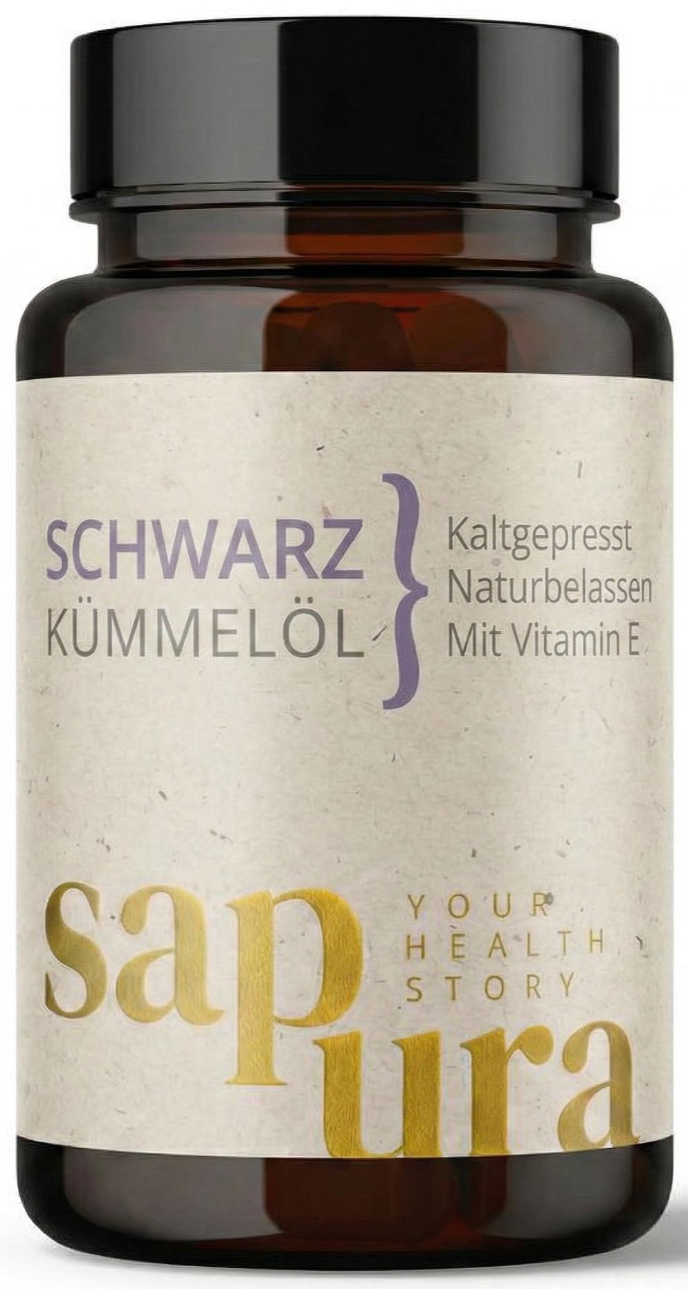 Bruine glazen fles met zwart dopje, gevuld met capsules. Etiket met "SCHWARZKÜMMELÖL" en "sapura".