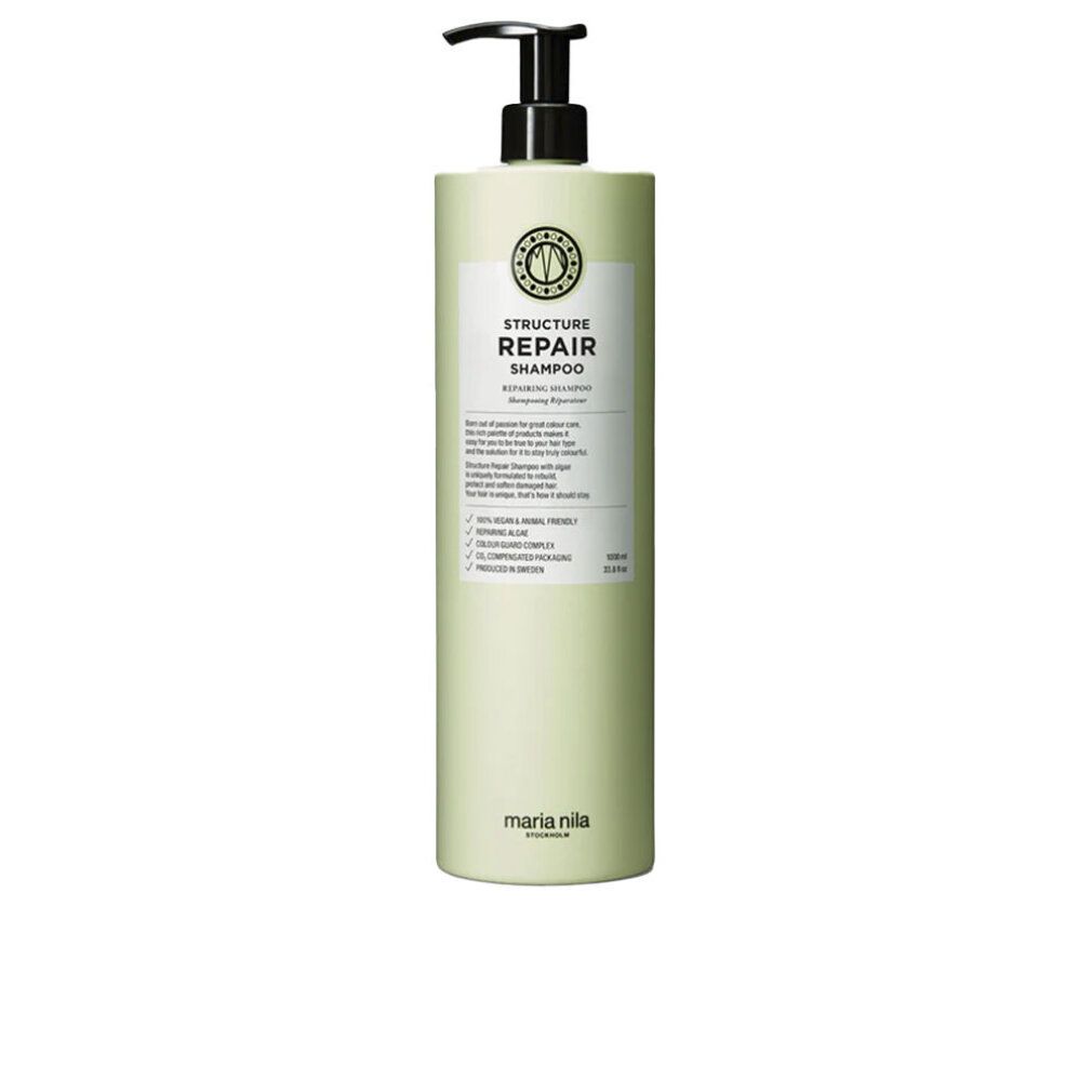 Maria Nila Structure Repair Shampoo dans une bouteille vert clair avec distributeur noir. 300ml.