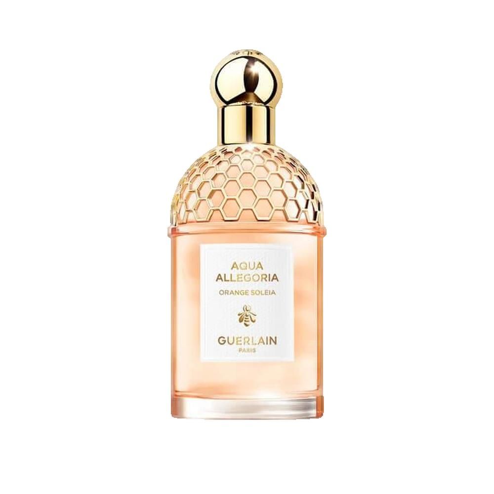 Parfumfles met gouden dop. Tekst: Aqua Allegoria Orange Soleia, Guerlain.