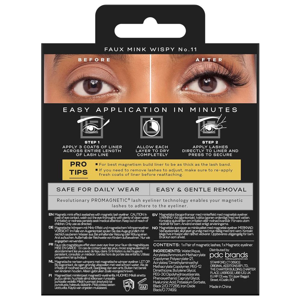 Dos de l'emballage. Texte: Faux Mink Wispy No.11, Easy Application in Minutes. Contient ingrédients et instructions d'utilisation.