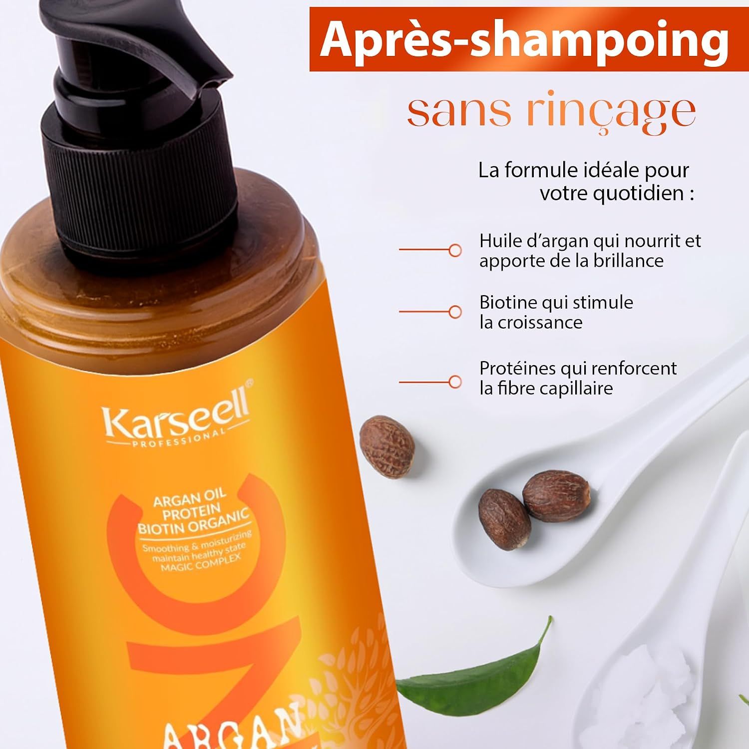 Bouteille de Karaseell Argan Oil Leave-in Conditioner avec pompe. Contient de l'huile d'argan, de la biotine et des protéines.