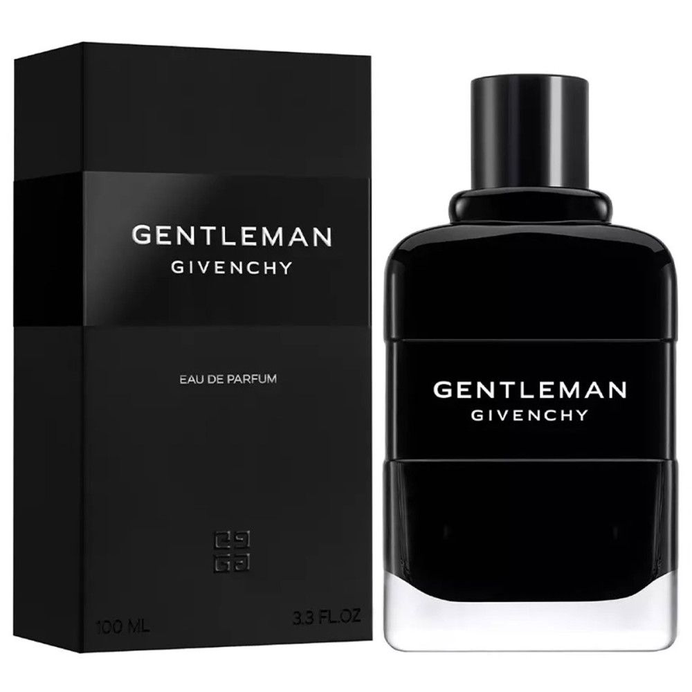 Flacon et boîte noirs. Inscription: GENTLEMAN Givenchy. Eau de Parfum. 3.3 FL.OZ. 100 ML.