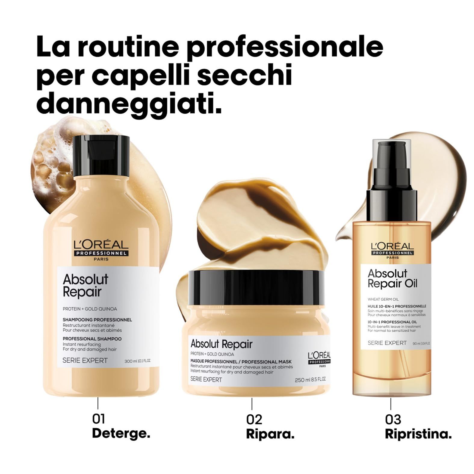 Drie producten: shampoo, masker en olie. Opschrift: Absolut Repair, Serie Expert. Tekst: Deterge, Ripara, Ristina.