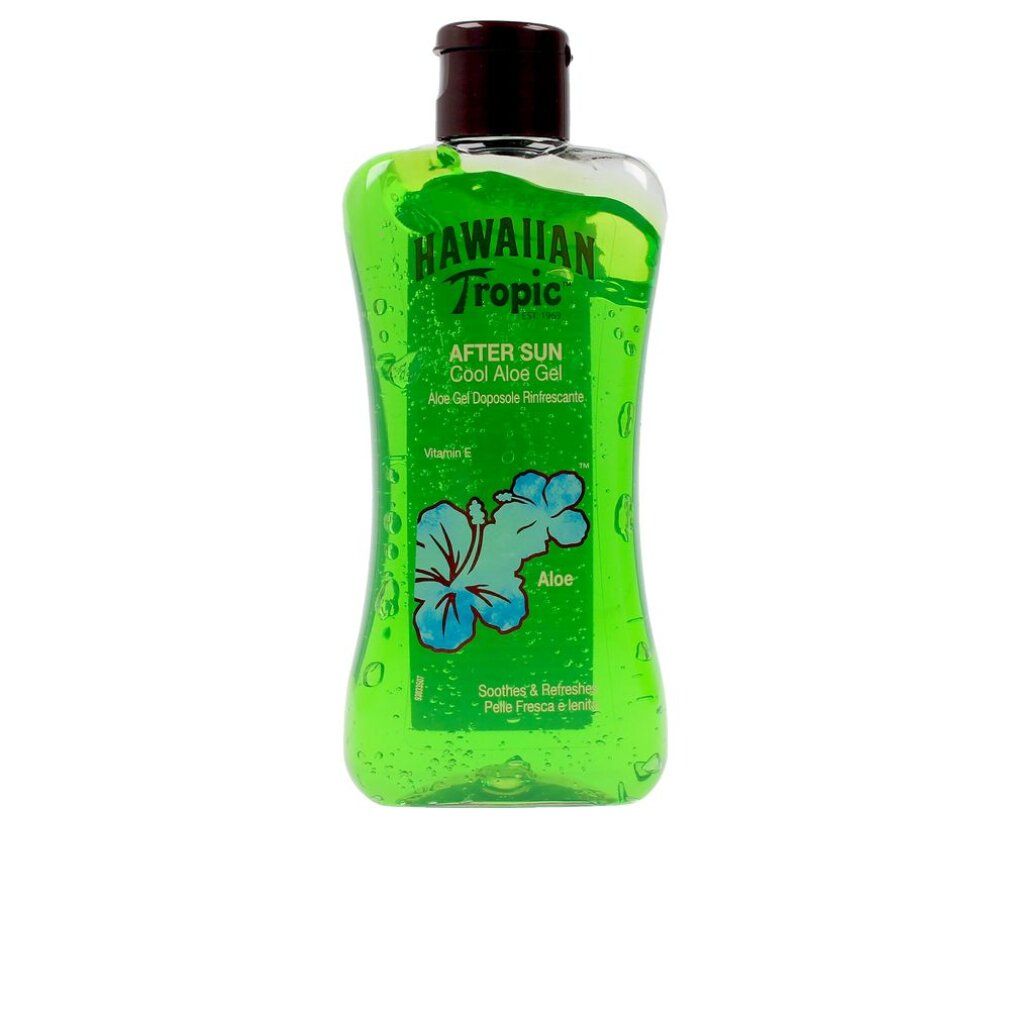 Flacon transparent avec gel vert et bouchon marron. Inscription: Hawaiian Tropic, After Sun Cool Aloe Gel. Fleur bleue.
