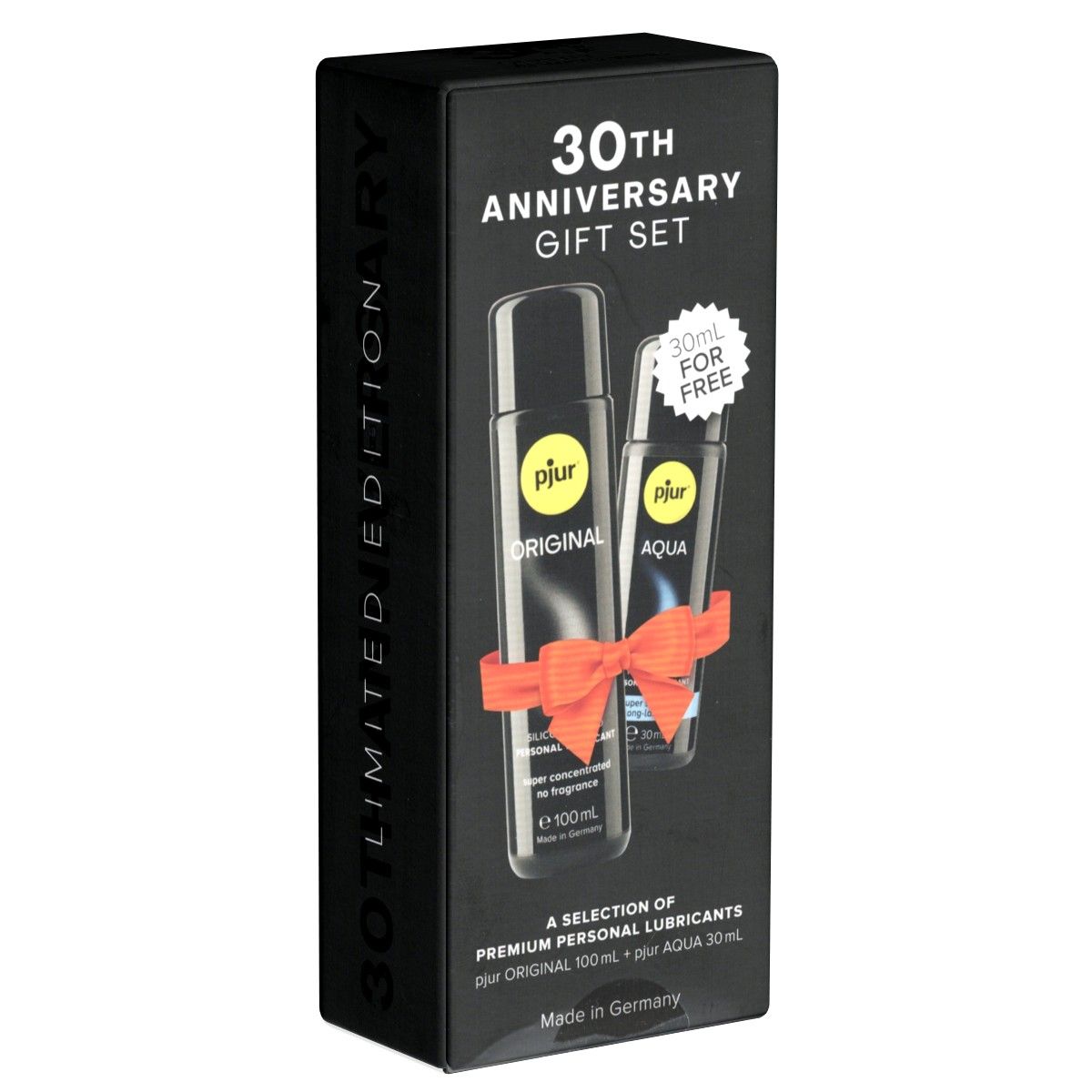 Coffret noir. Inscription: 30th Anniversary Gift Set. Contient deux flacons pjur ORIGINAL et AQUA, attachés par un ruban.