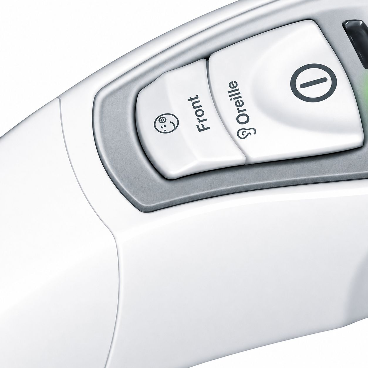 Thermomètre blanc avec deux boutons : 'Front' et 'Oreille'.