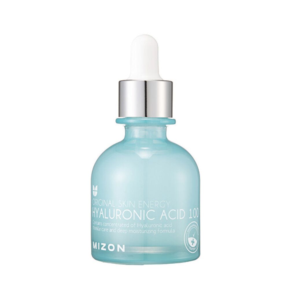 Flacon bleu clair avec bouchon argenté et pipette. Inscription : Original Skin Energy Hyaluronic Acid 100. Marque Mizon.