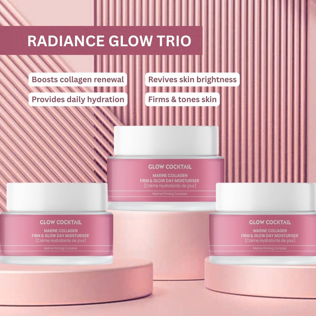 Trio de crème de jour Glow Cocktail Marine Collagen. Trois pots sur socles. Zones de texte avec avantages.
