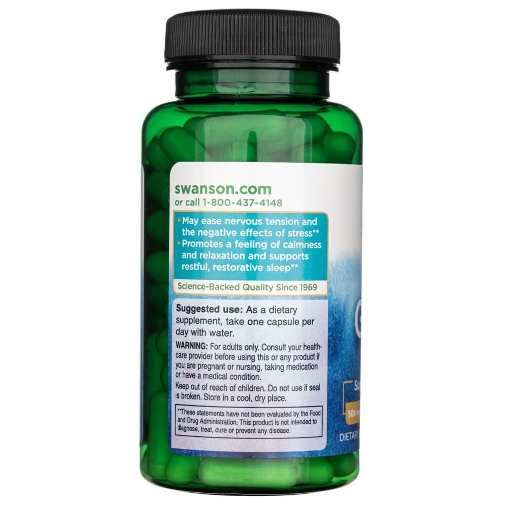Achterkant van een groene fles met Swanson GABA 500 mg, productvoordelen en gebruik.