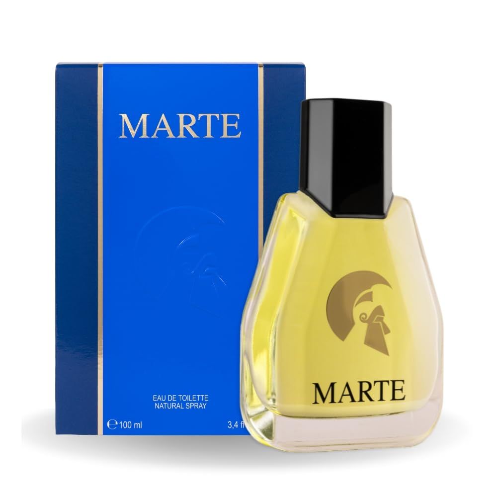 Parfumfles en blauwe doos. Fles met gele vloeistof, zwarte dop. Tekst MARTE.