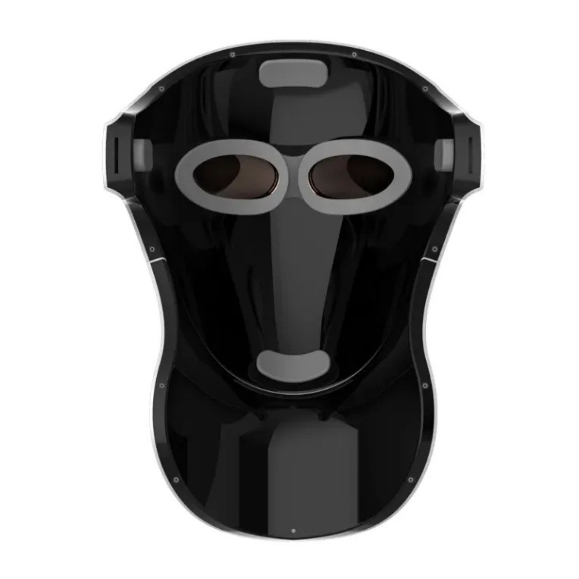 Zwart gezichtsmasker, binnenkant. Twee ovale openingen voor de ogen. Glanzende behuizing.