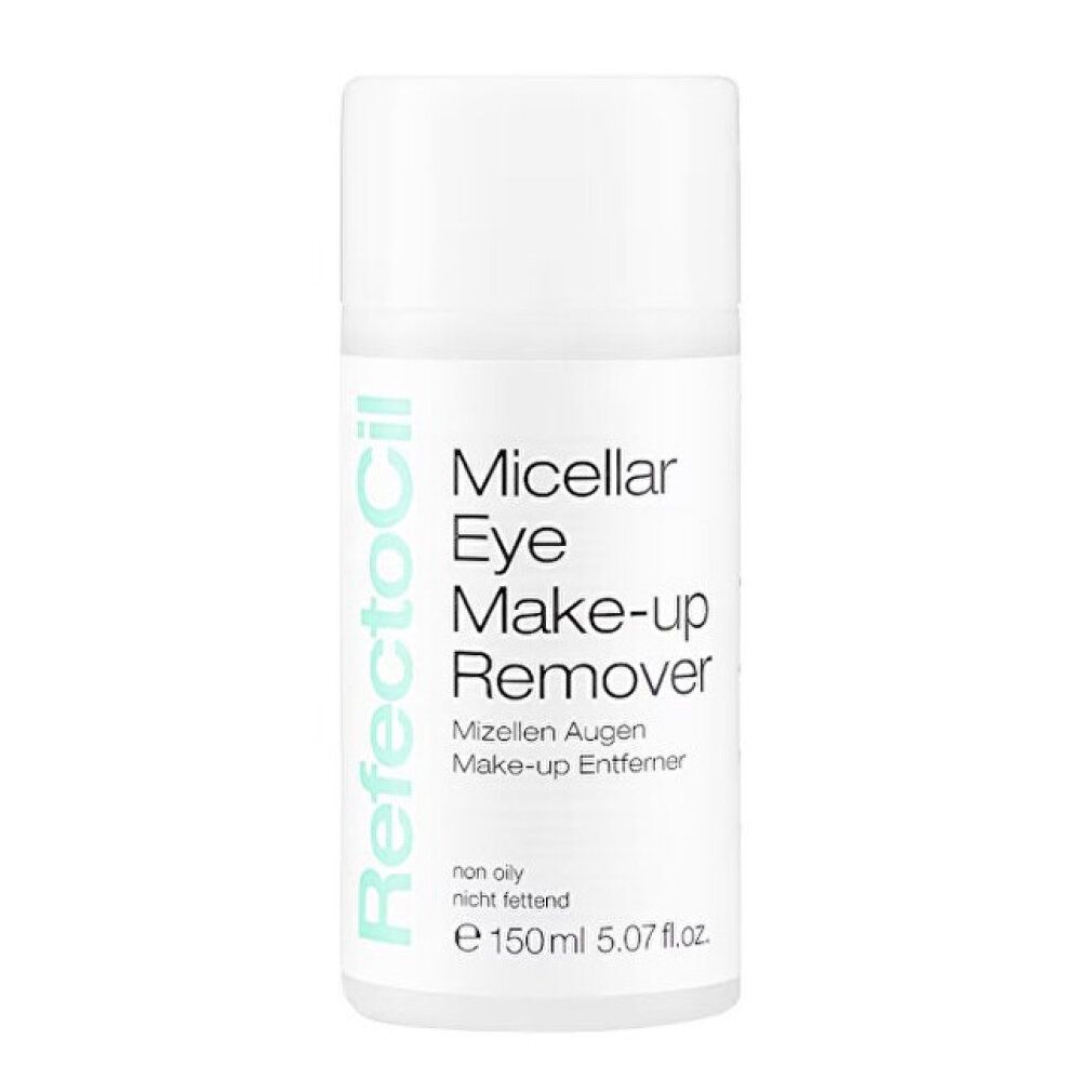 Witte fles met opschrift Micellar Eye Make-up Remover. RefectoCil-logo. Niet vet. 150ml.