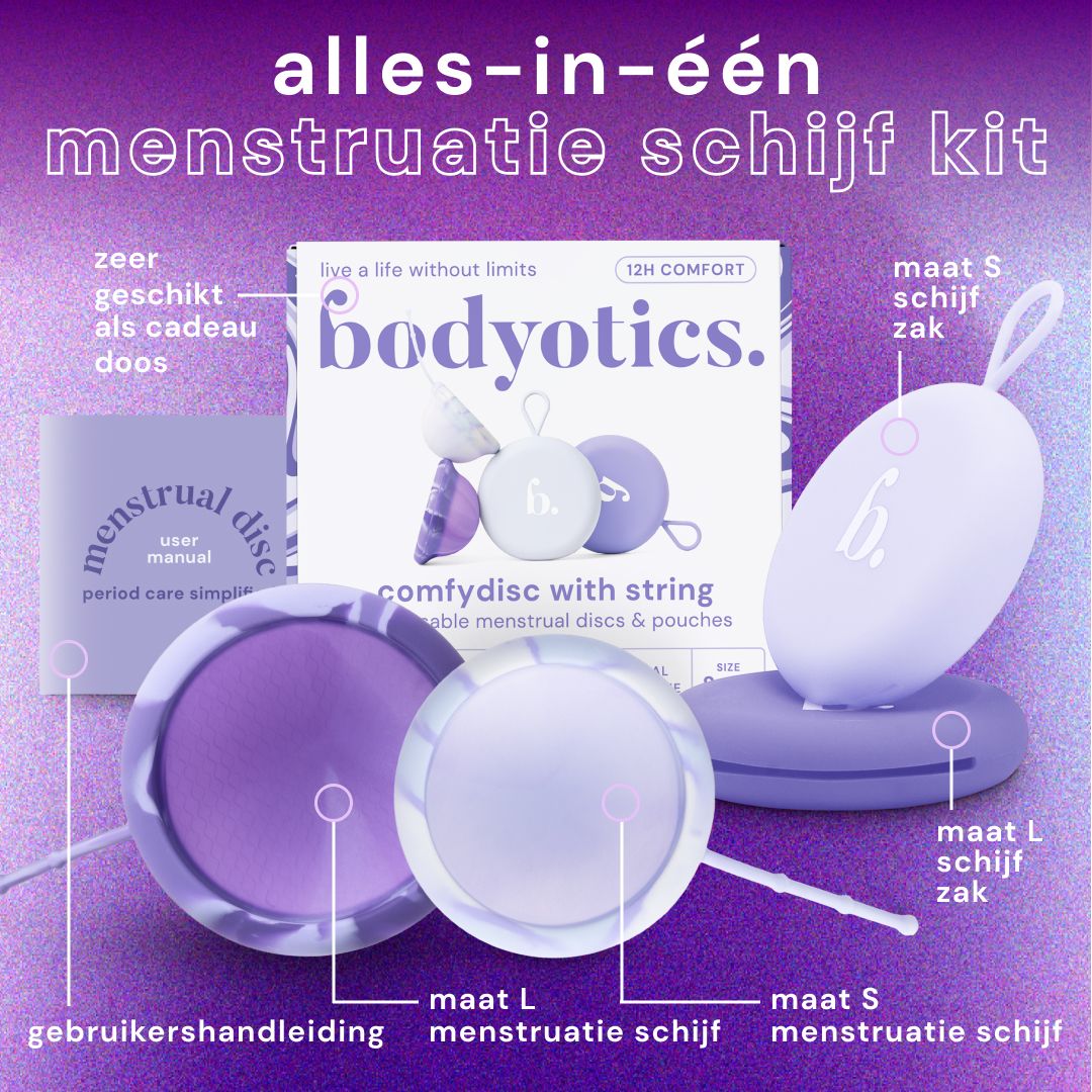 Paarse menstruatiedisk (maat L) op paarse houder.