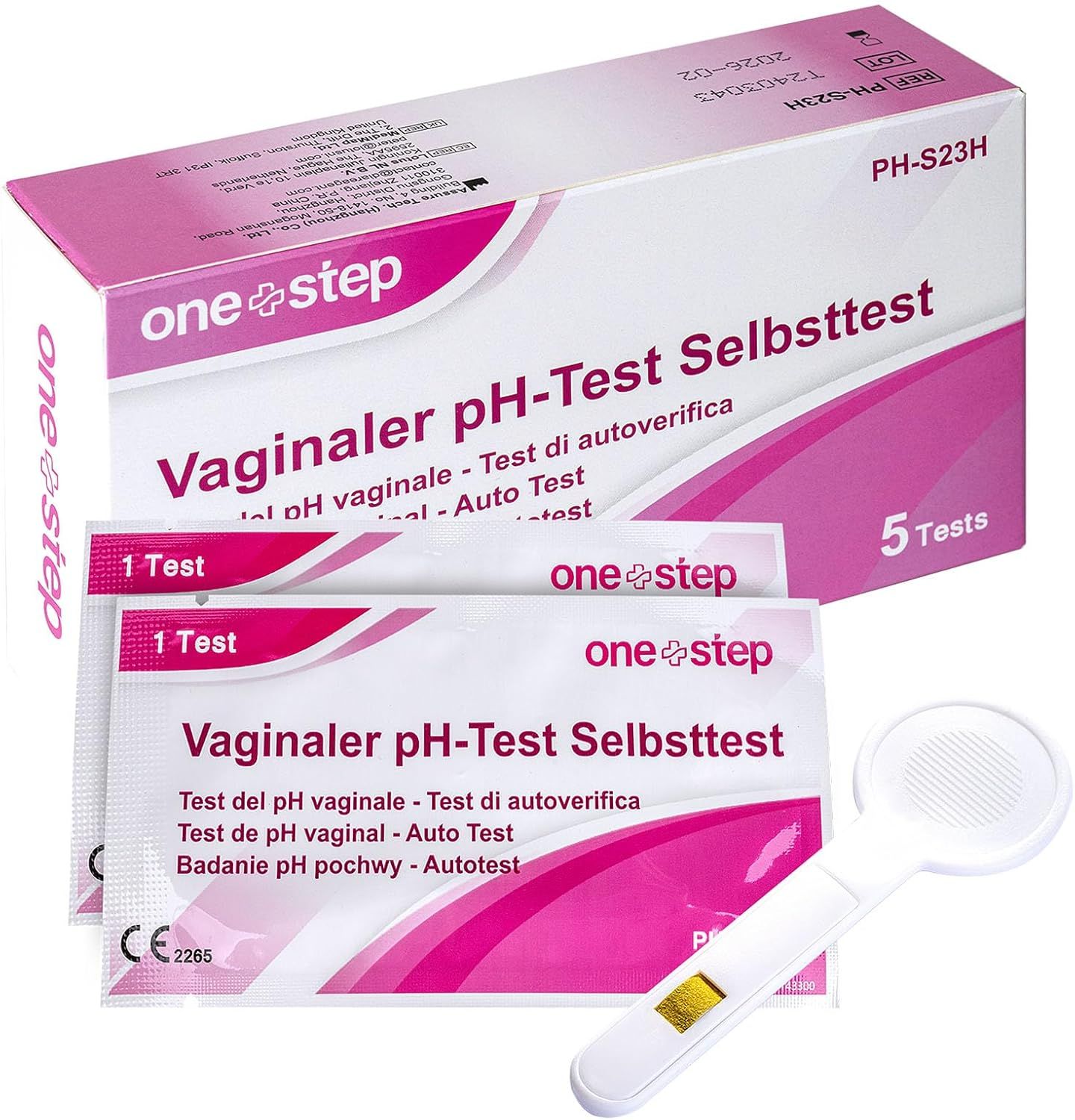 Emballage de test de pH vaginal One+Step. Contient des bandelettes, un applicateur et une carte de référence. Inscription : Vaginaler pH-Test Selbsttest.