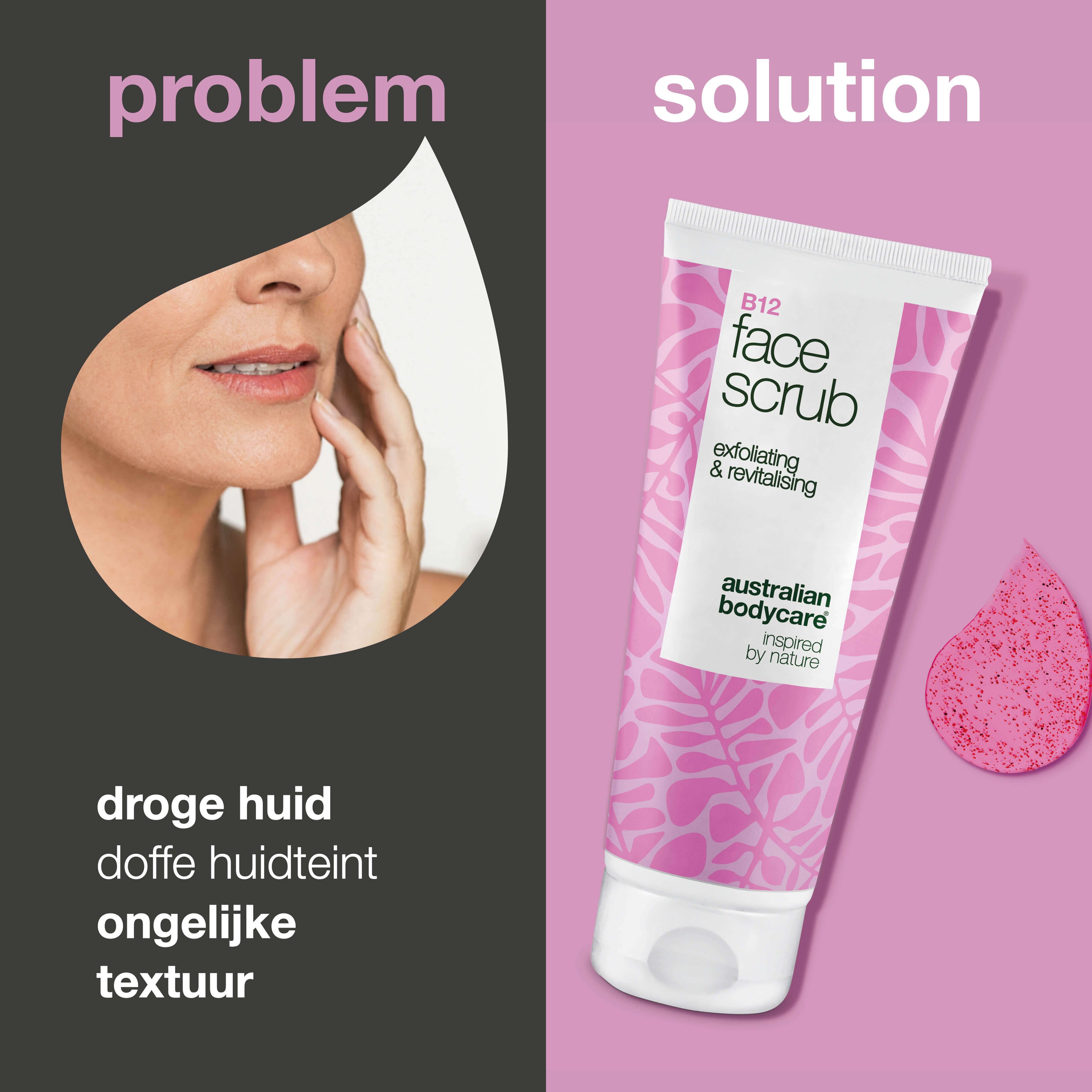 Gezicht met droge huid. Daarnaast tube scrub en spons.