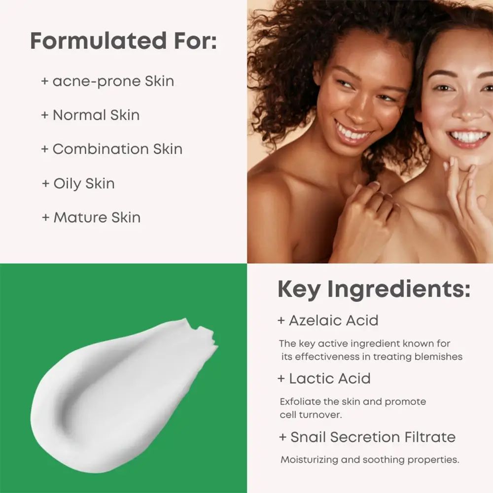 Twee vrouwen lachen. Tekst: Geformuleerd voor: acne gevoelige huid, normale huid, gemengde huid, vette huid, rijpe huid. Ingrediënten.