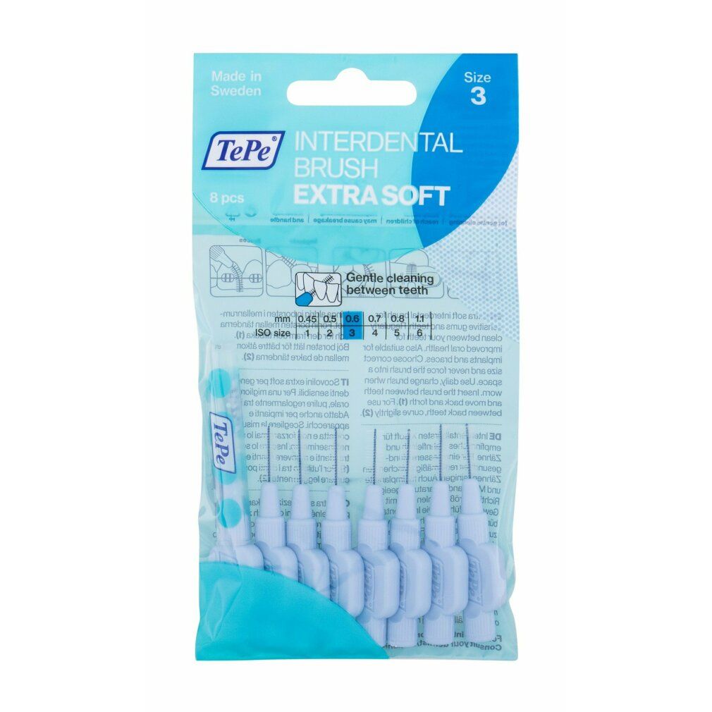 Verpakking met blauwe TePe interdentale borstels. Extra Soft, 5 stuks. Opschrift: Gentle cleaning between teeth.