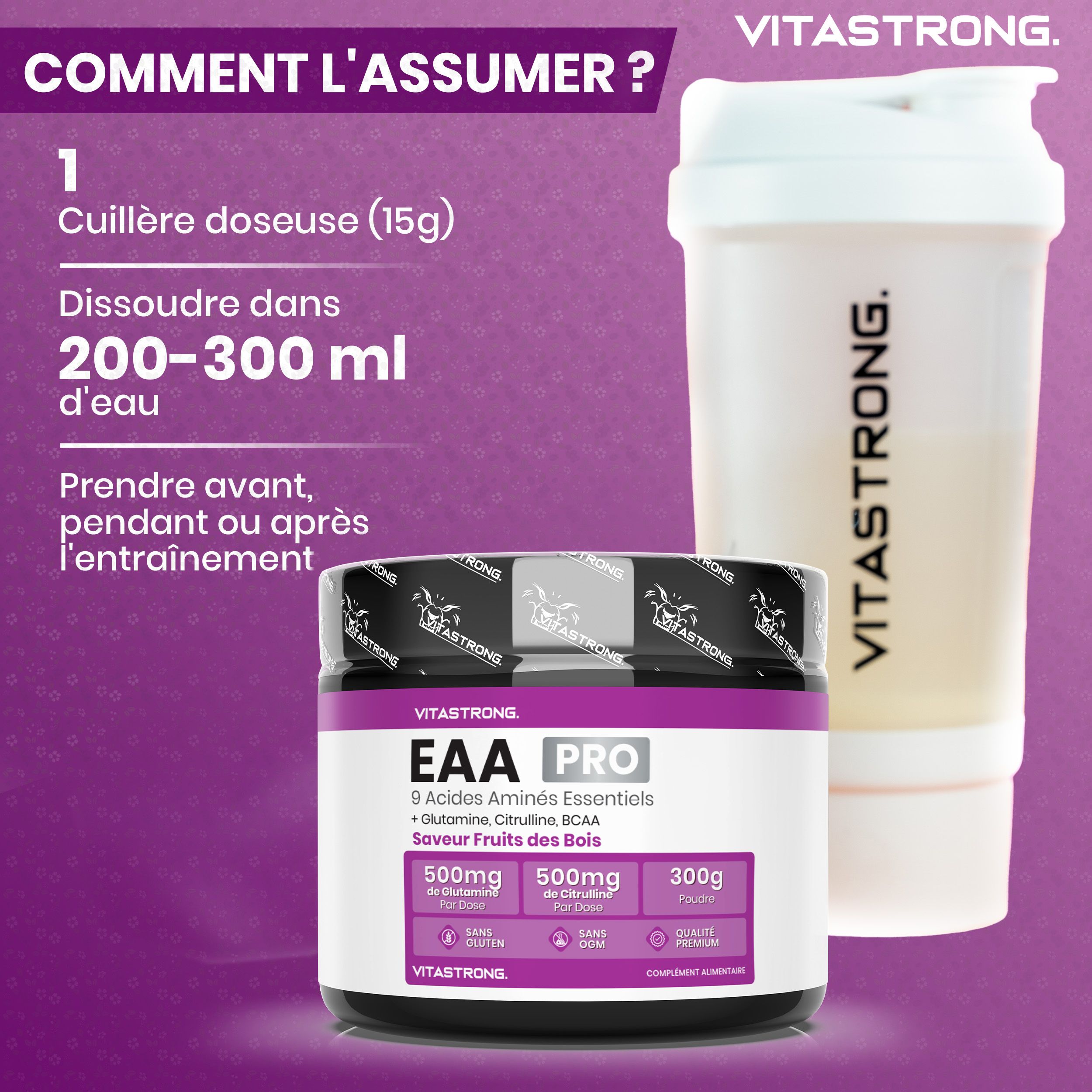 Vitastrong EAA Pro, pot. 9 essentiële aminozuren. Eén doel: uw groei. Gemaakt in Europa. Laboratorium getest.