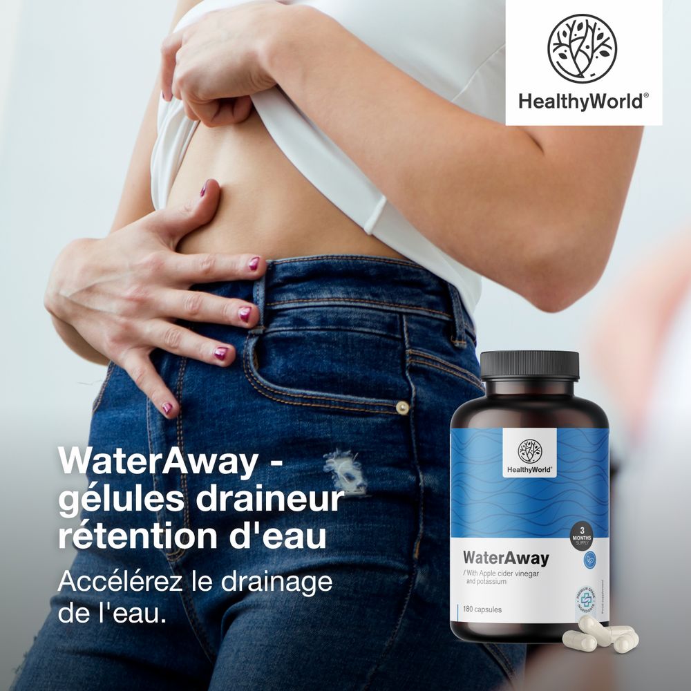 Femme se tient le ventre. Flacon de gélules WaterAway. Texte: WaterAway - gélules drainantes.