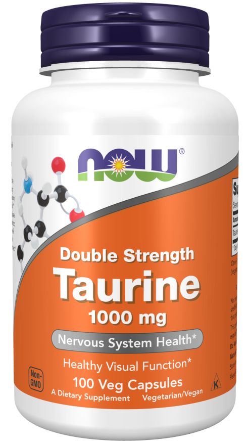 Flacon blanc avec bouchon bleu. Inscription "NOW" et "Taurine 1000 mg". Contient 100 gélules. Végétalien.