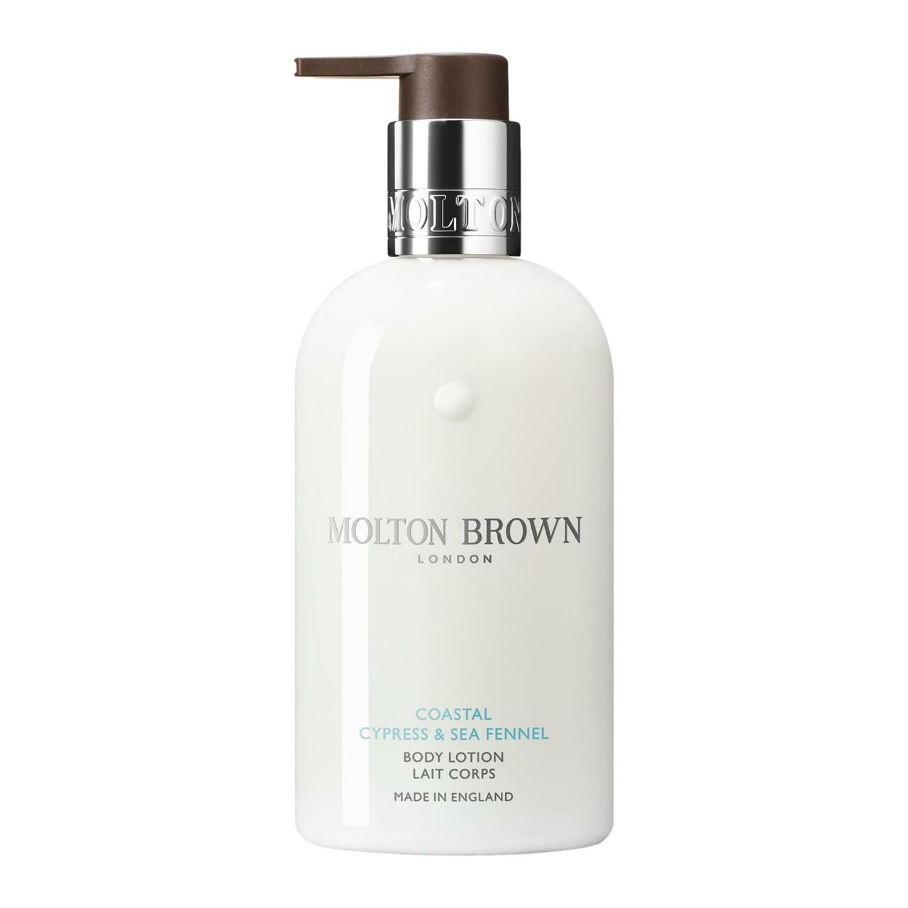 Witte pompfles Molton Brown Coastal Cypress & Sea Fennel Body Lotion.